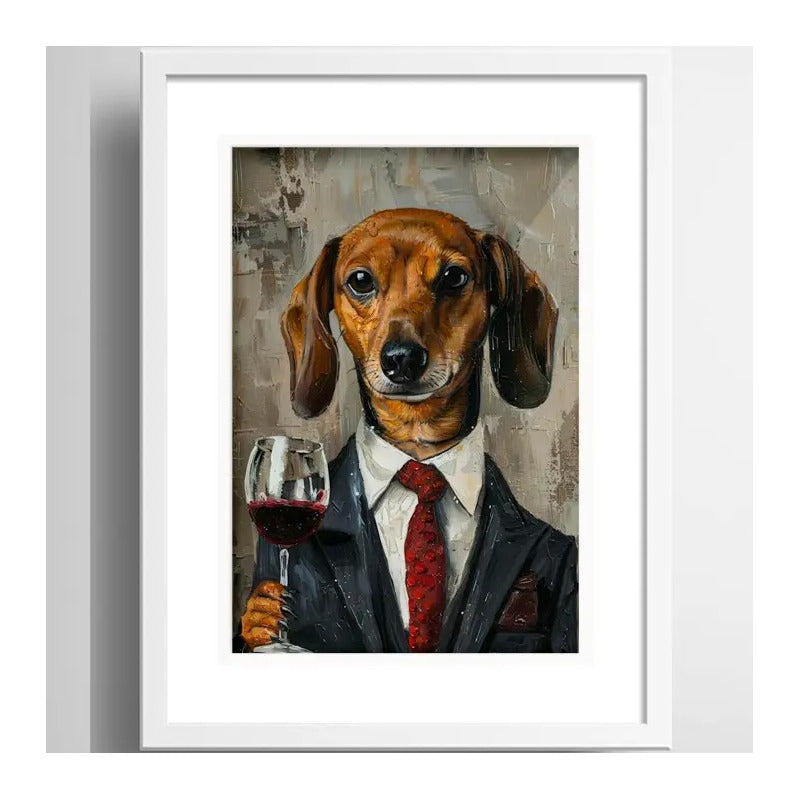 Cuadro Perro Dachshund Salchicha Tomando Vino 1 Con Paspartú