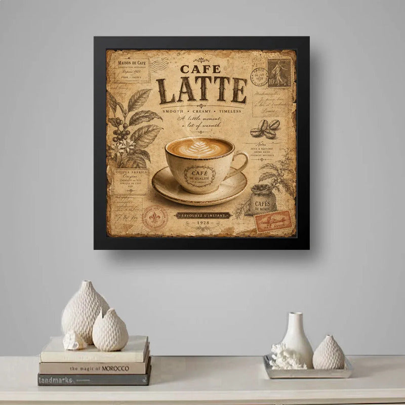 Cuadro Living Comedor Cocina Café Latte Coffee Br2 33x33cm Marco Negro