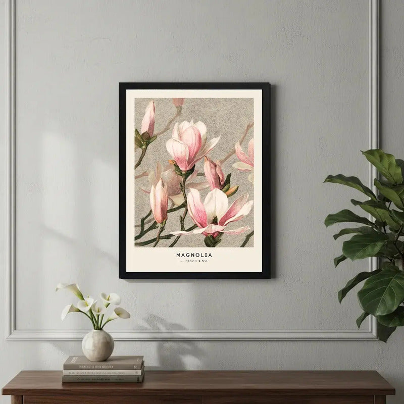 Cuadro Dormitorio Living Magnolia Rosa Flores Botanico Arte Marco Negro