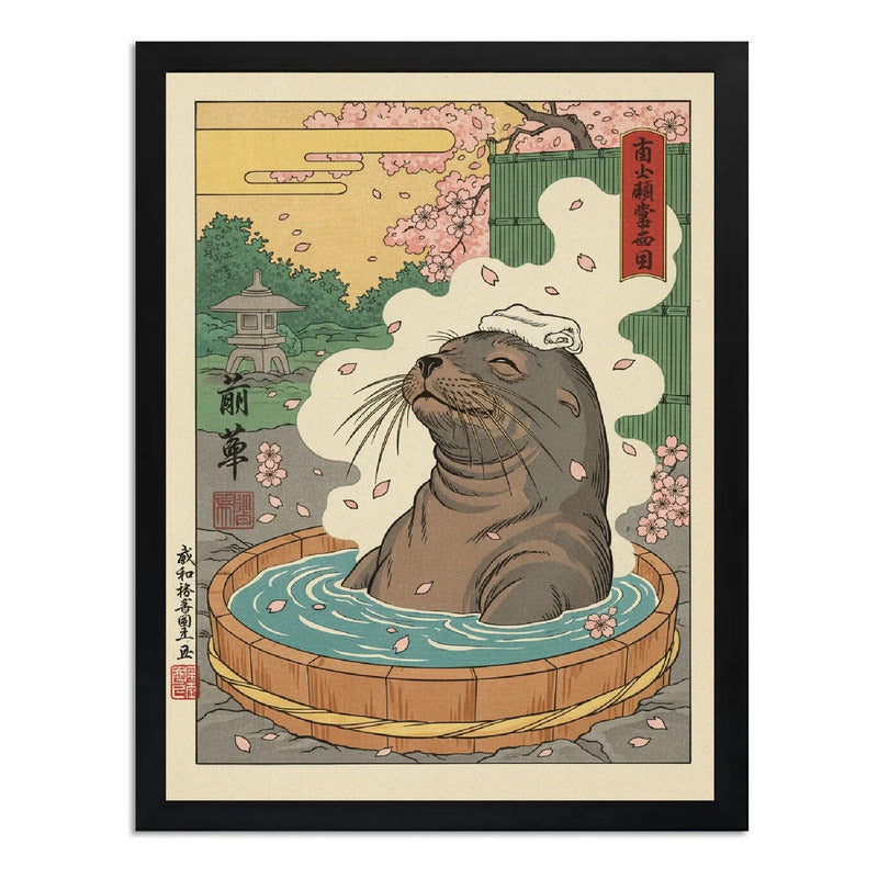 Cuadro Lobo Marino Banera Spa Bano Flores Cerezo Japón Marco Negro