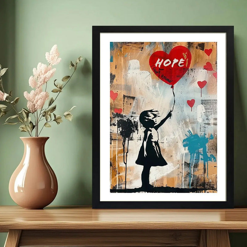 Cuadro Banksy Niña Con Globo Rojo Arte Urbano Callejera Marco Negro