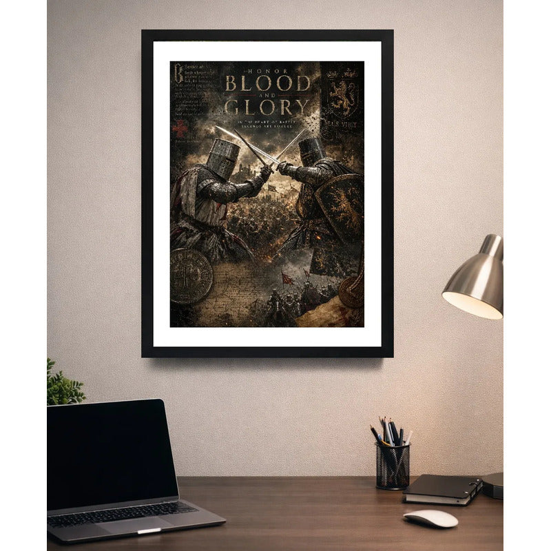 Cuadro Medieval Batalla Caballeros Armadura Arte Vintage Marco Negro