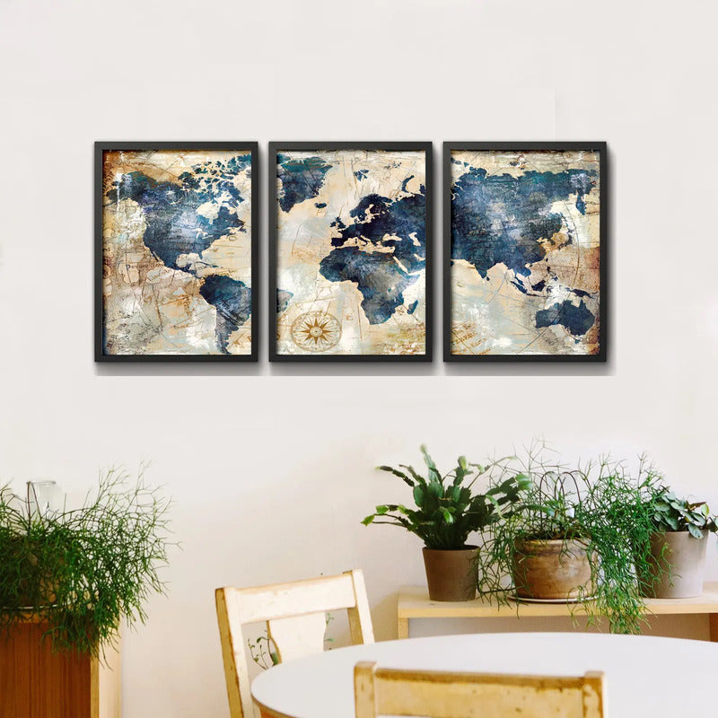 Set 3 Cuadros Mapamundi Mapa Mundo Brs10 Decoracion Oficina Marco Negro