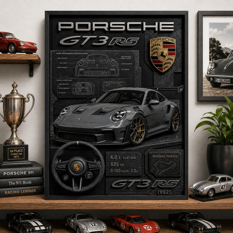 Cuadro Porsche Gt3 992 Auto Icónico Detalles Specs Efecto 3d Marco Negro