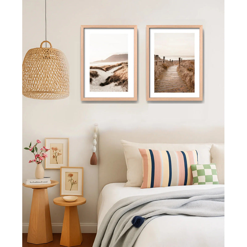 Set 2 Cuadros Paisajes De Playa Tonos Beige Neutros Dunas Marco Madera Natural Oak
