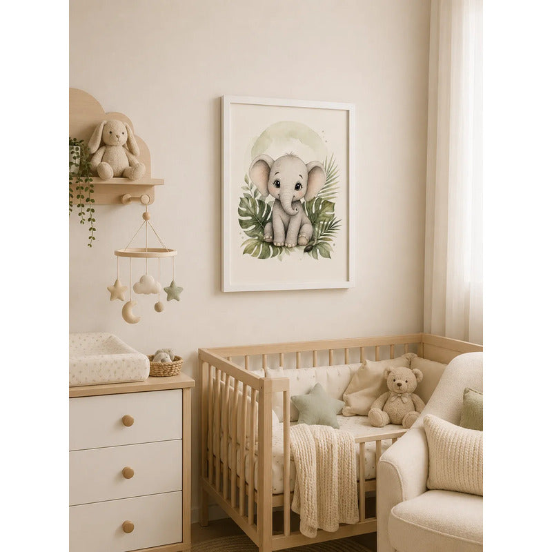Cuadro Elefante Decoracion Dormitorio Infantil Tonos Suaves Marco Blanco