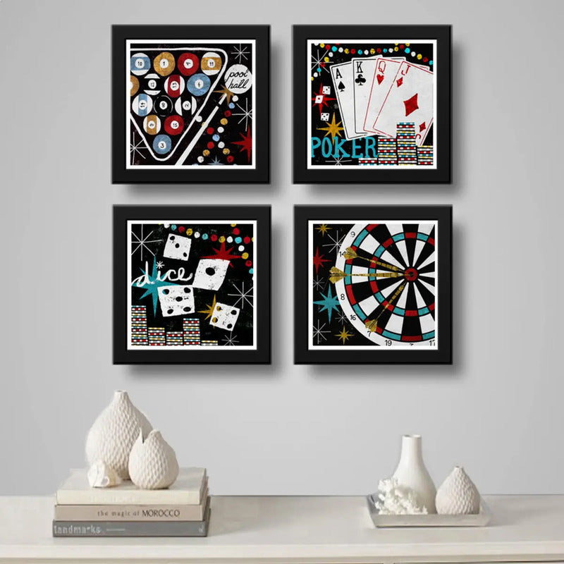 Set 4 Cuadros Juegos Billar Poker Cartas Dardos Dados Ruleta