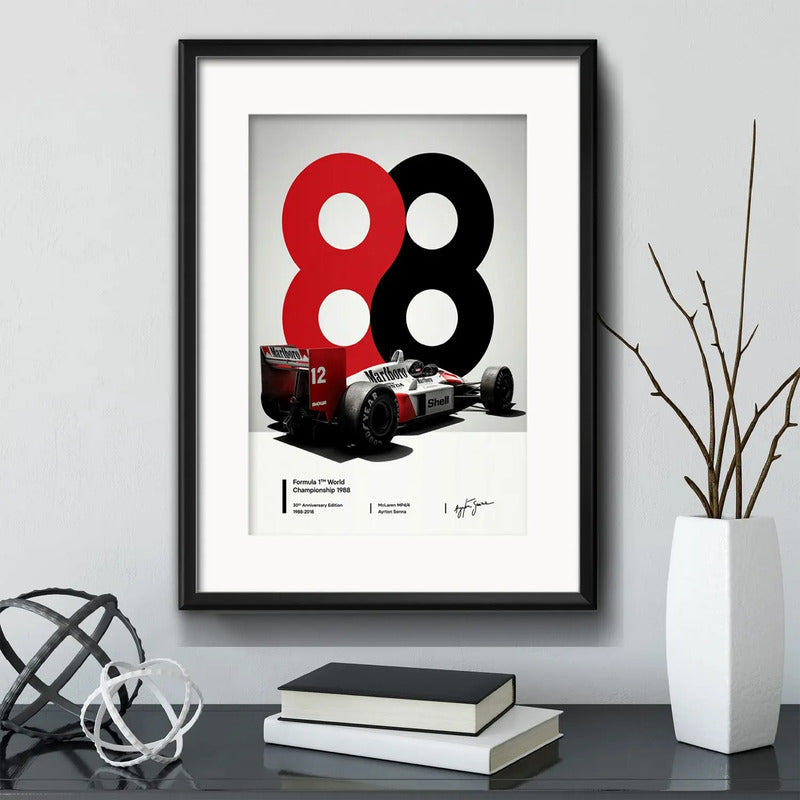 Cuadro Ayrton Senna 1988 Formula 1 Decoración Con Paspartu Marco Negro