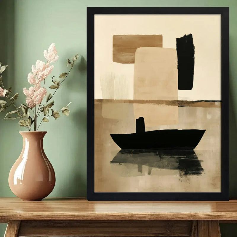 Cuadro Dormitorio Living Boho Abstracto Barcos Tonos Neutros Marco Negro