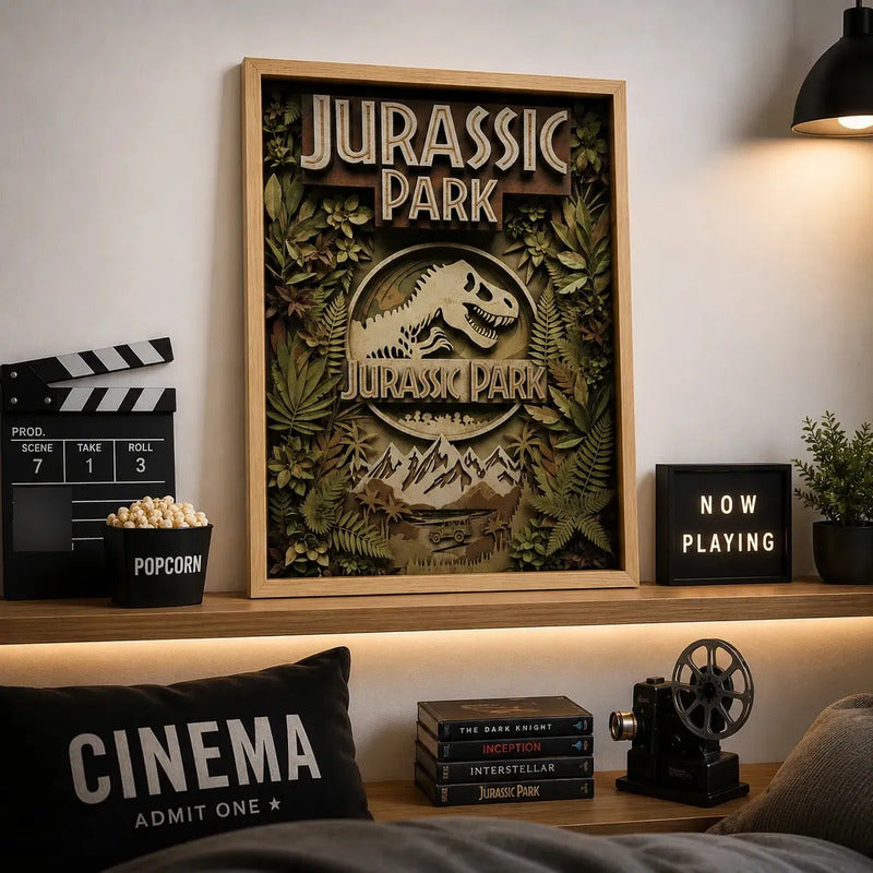 Cuadro Jurassic Park Efecto 3d Dinosaurio Pelicula Cinema Marco Marrón Claro