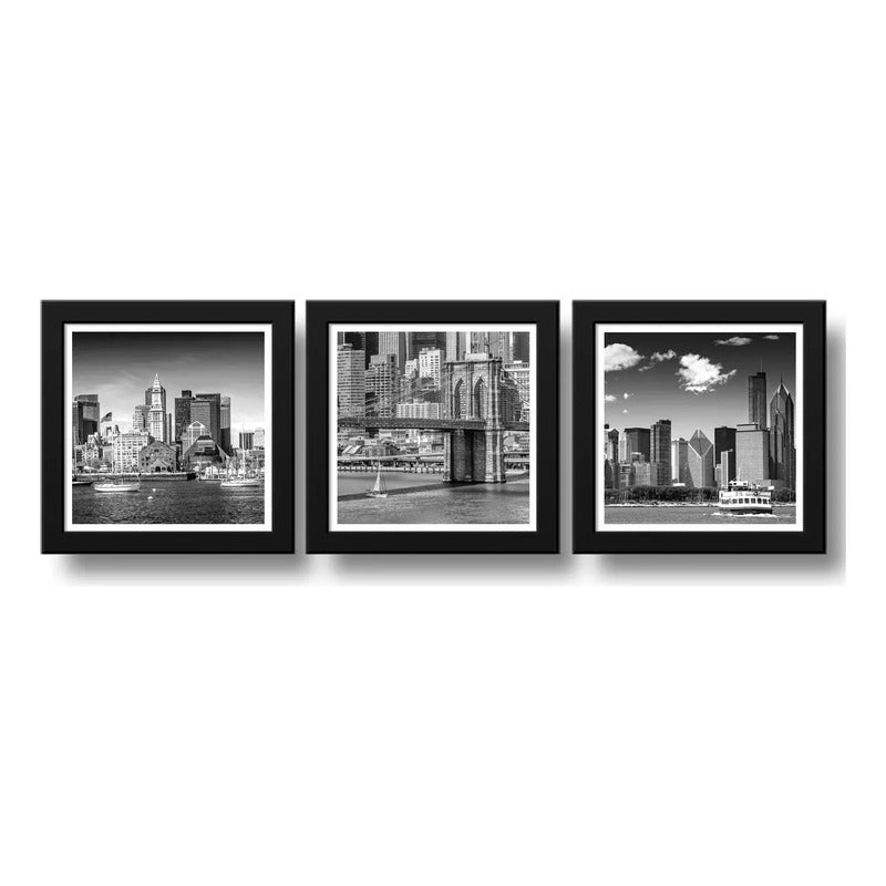 Set 3 Cuadros Boston Nueva York Chicago Skyline Decoracion