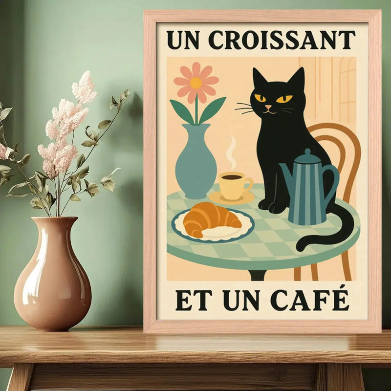 Cuadro Gato Negro Café Croissant Medialuna Gatito Marco Oak Marco Marrón Claro
