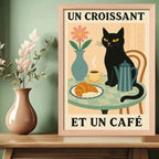 Cuadro Gato Negro Café Croissant Medialuna Gatito Marco Oak Marco Marrón Claro