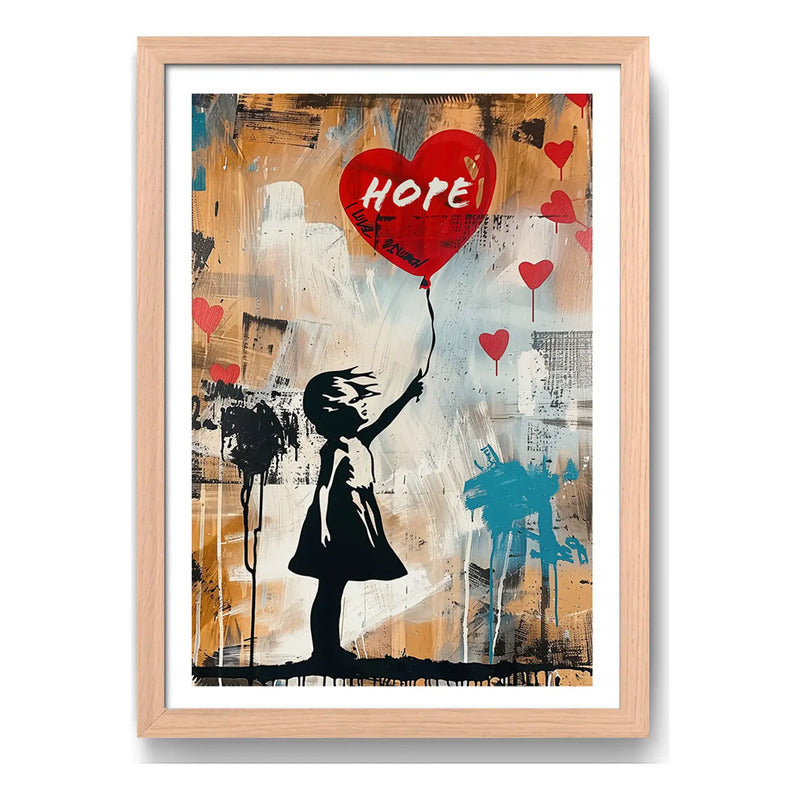 Cuadro Banksy Niña Con Globo Rojo Arte Urbano Callejera Oak Marco Marrón Claro