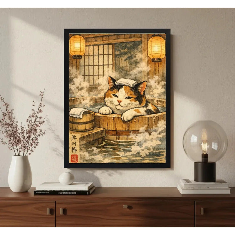 Cuadro Gato Zen Banera Spa Japón Bano Arte Decoracion Marco Negro