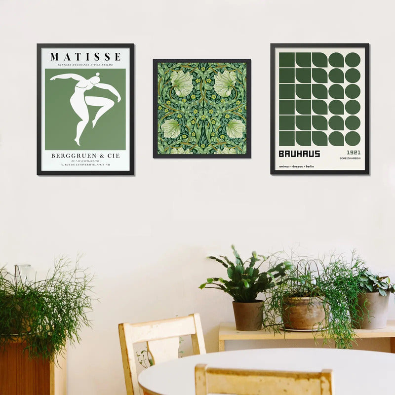 Set 3 Cuadros Para Living Cocina Estudio Tonos Verde Green Matisse William Morris Bauhaus Con Marco Negro