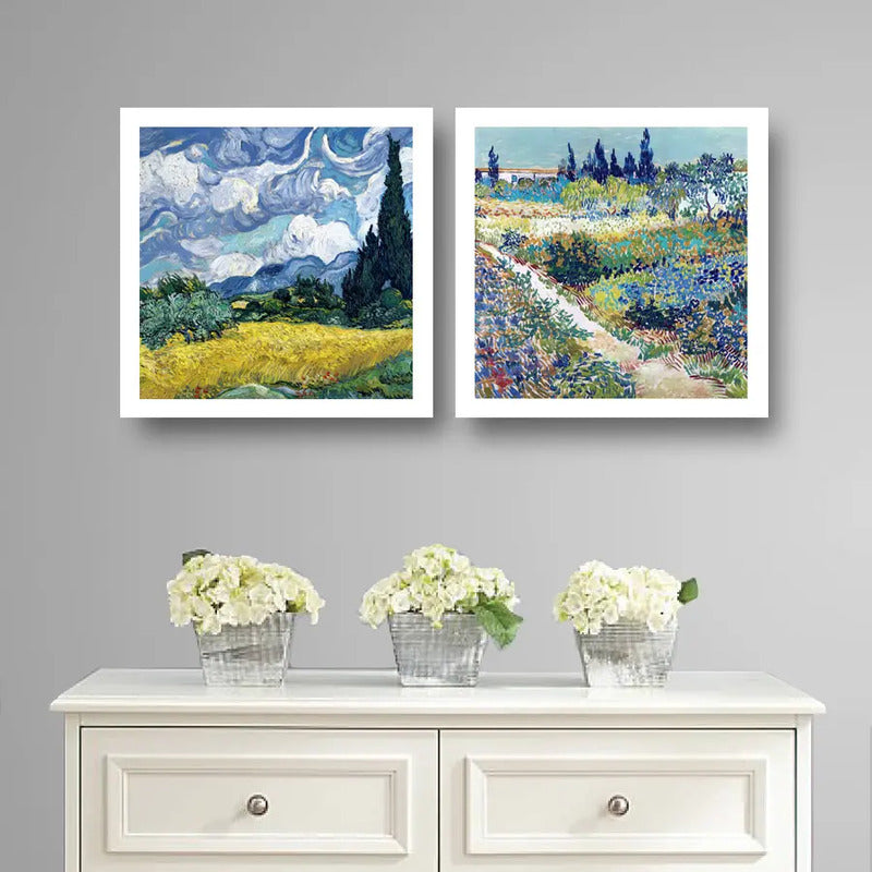 Set 2 Cuadros Living Dormitorio Van Gogh Obras Brs2 33x33cm Marco Blanco