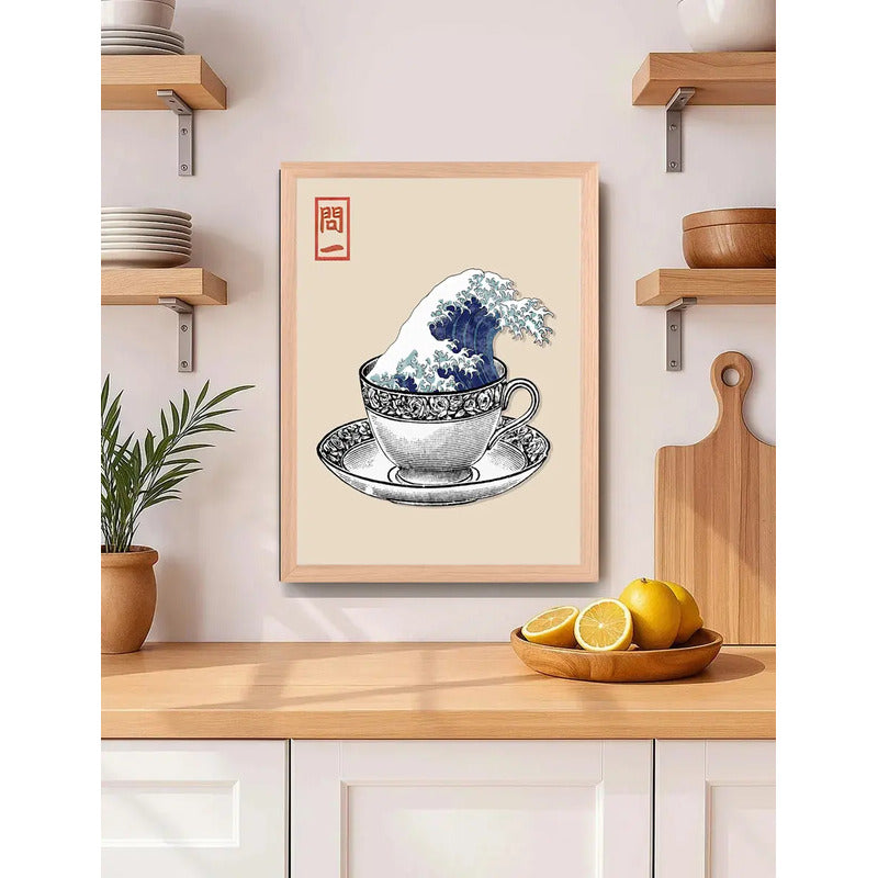 Cuadro Living Cocina Té La Gran Ola Kanagawa Tonos Beige Oak Marco Marrón Claro
