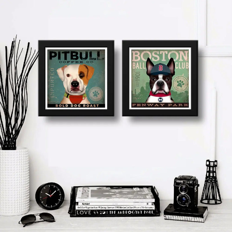 Set 2 Cuadros Pitbull Boston Perro Cafe Pop Art Mascota Pet