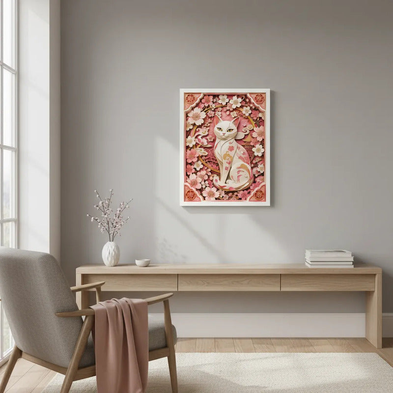 Cuadro Gato Blanco Efecto 3d Arte Japones Rosa Flores Cerezo Marco Blanco
