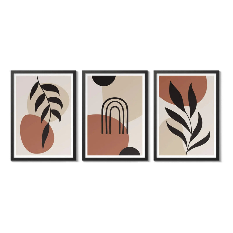 Set 3 Cuadros Living Abstracto Boho Hojas Geometrico Moderno Marco Negro