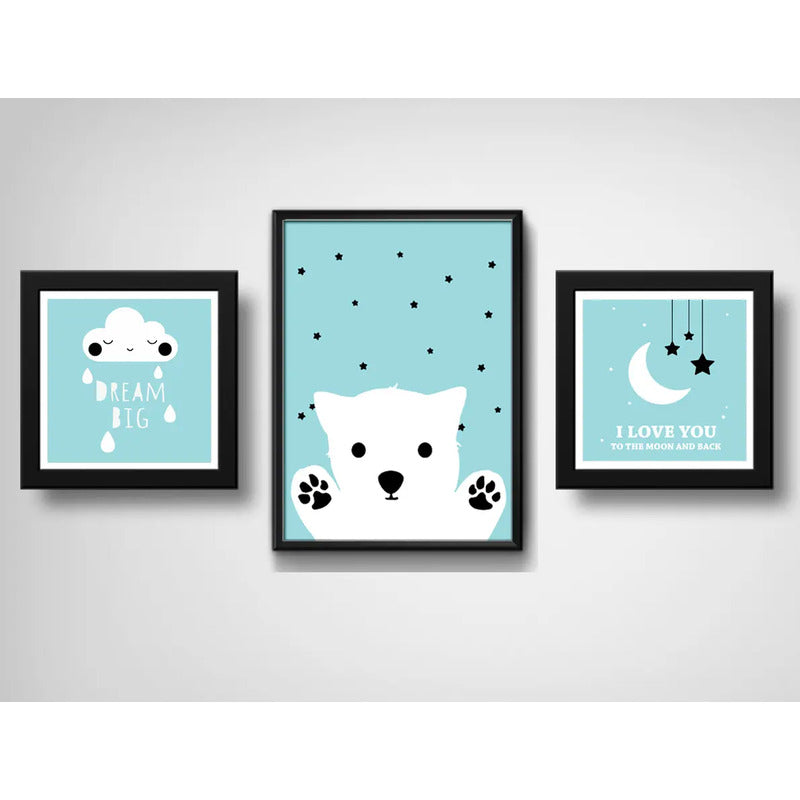 Set 3 Cuadros Dream Big Frase Luna Star Dormitorio Infantil