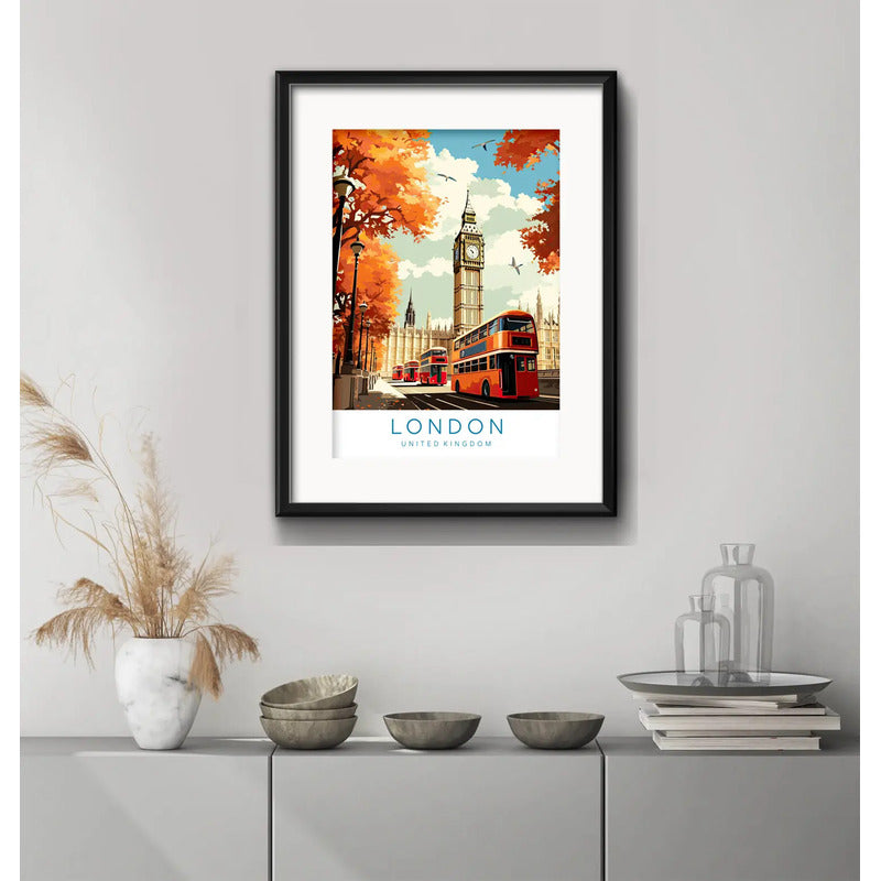 Cuadro Londres Uk Ciudad Bus Big Ben 53x43cm Con Paspartú Marco Negro