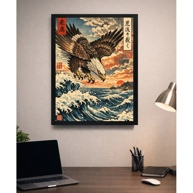 Cuadro Águila Volando Ola Kanagawa Japón Arte Oriental Marco Negro