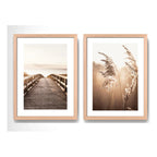 Set 2 Cuadros Paisajes De Playa Tonos Beige Neutros Calidos Marco Madera Natural Oak