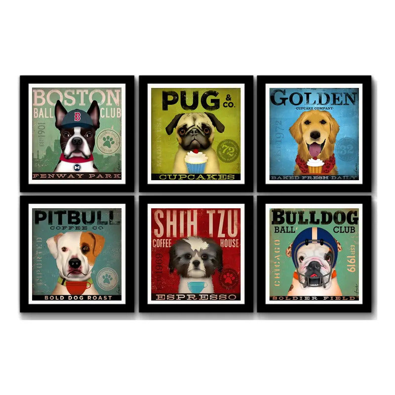 Set 6 Cuadros Perro Cafe Cupcake Pug Pitbull Bulldog Pet