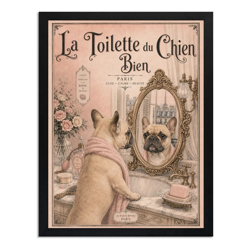Cuadro Bano Bulldog Frances Espejo Perro Paris Retro Arte Marco Negro
