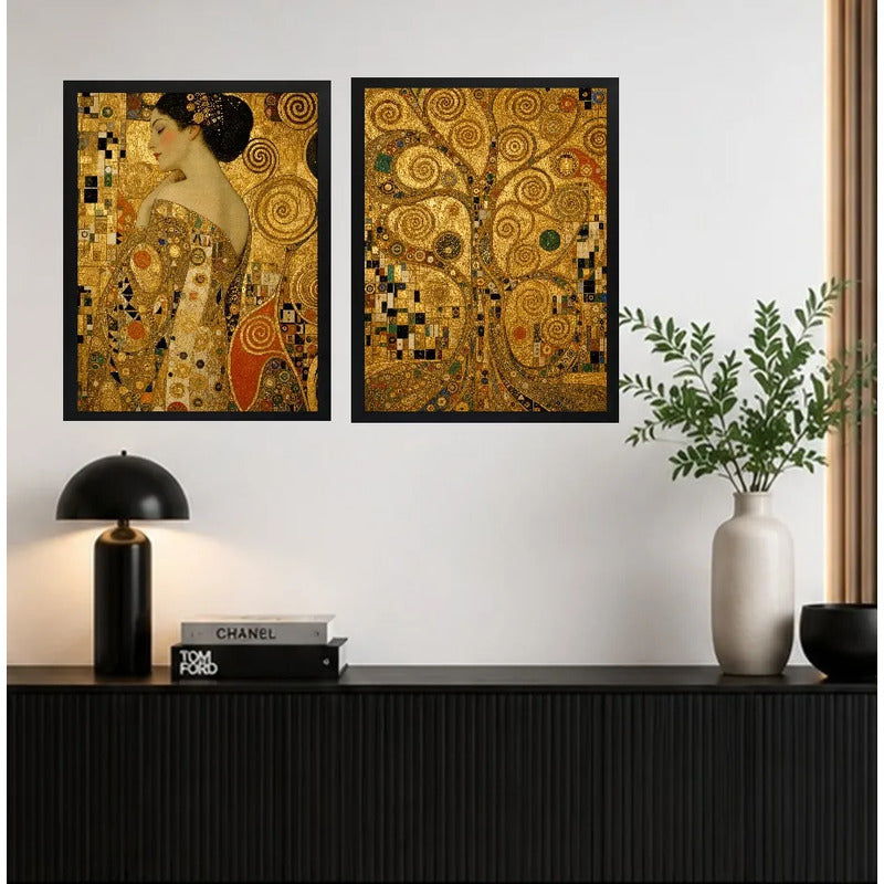 Set 2 Cuadros Gustav Klimt Arte Adele Y El Árbol De La Vida Marco Negro