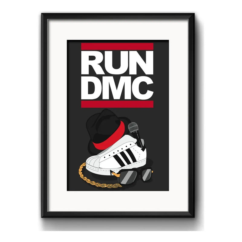 Cuadro Run Dmc Minimalista Rap Hip Hop Rapper Con Paspartú Marco Negro