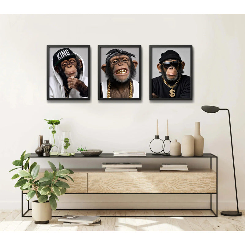 Set 3 Cuadros Los Tres Monos Rap Con Cadenas De Oro Chimps Marco Negro