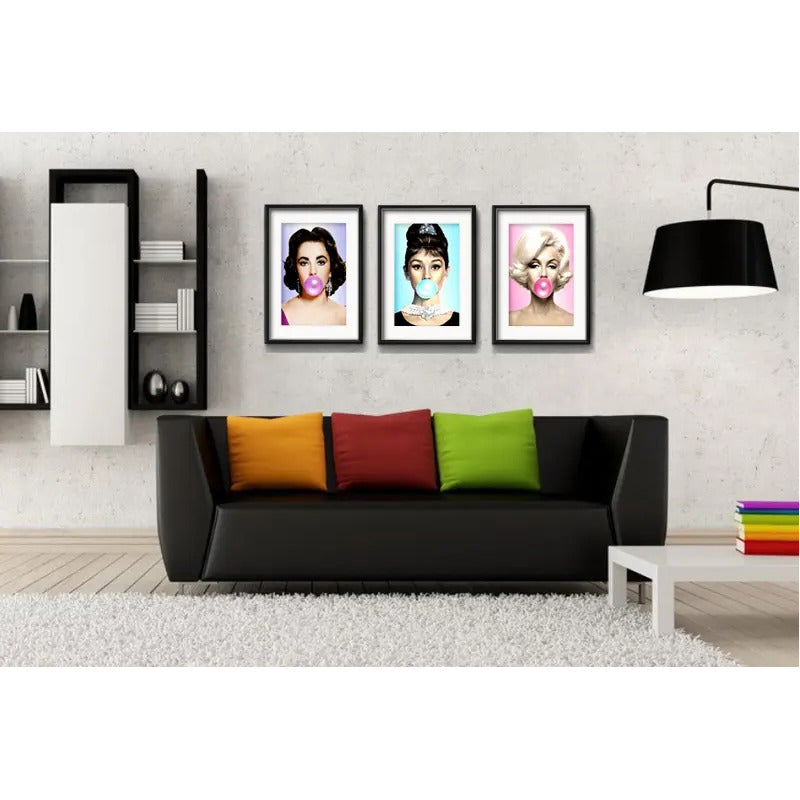 Set 3 Cuadros Marilyn Audrey Elizabeth Chicle Con Paspartú