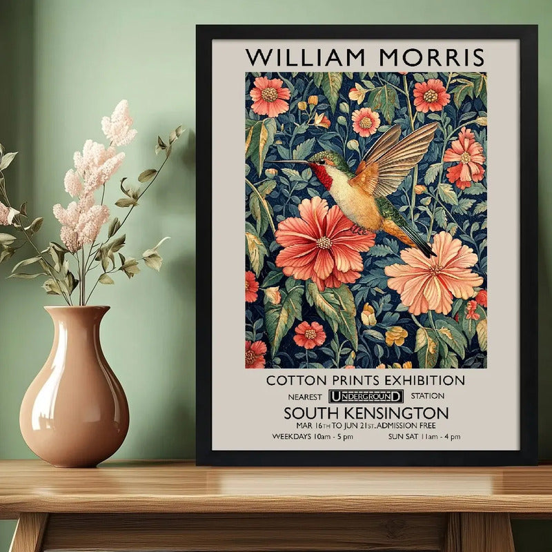 Cuadro Dormitorio Colibrí Y Flores William Morris Botanico Colibrí Y Flores William Morris 1 Marco Negro