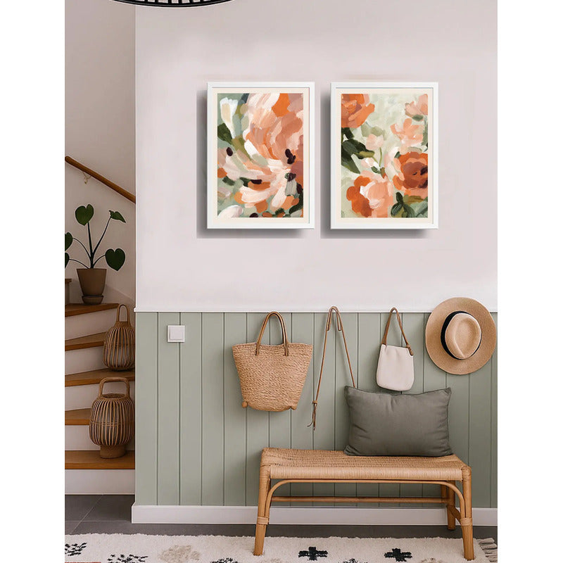Set 2 Cuadros Dormitorio Living Peach Floral Flores Botanico Marco Blanco