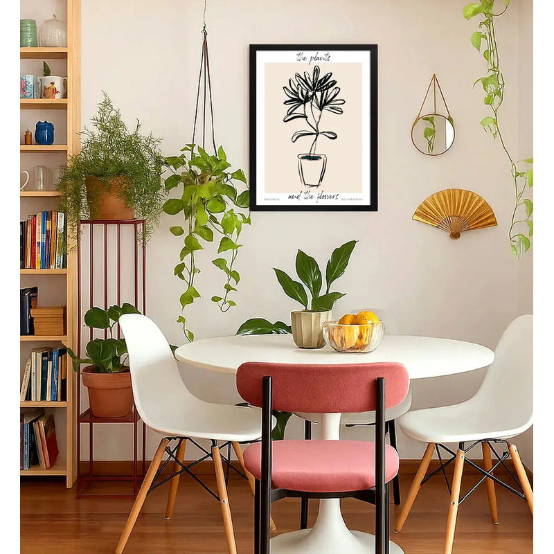 Cuadro Dormitorio Living Planta Dibujo Lineal Tonos Beige Marco Negro