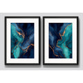 Set 2 Cuadros Abstracto Mármol Azul Turquesa Con Paspartu 53x43cm Cada Cuadro Negro
