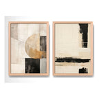 Set 2 Cuadros Boho Abstracto Tonos Neutros Texturas Lineales Marco Madera Natural Oak
