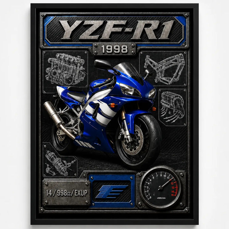 Cuadro Yamaha Yzf R1 Moto Icónico Detalles Specs Efecto 3d Marco Negro