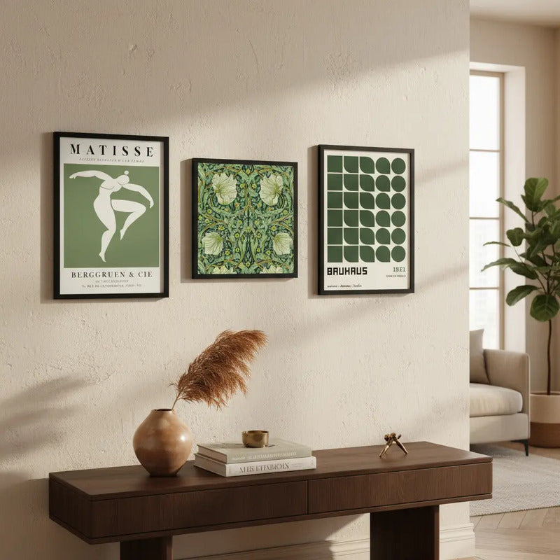 Set 3 Cuadros Para Living Cocina Estudio Tonos Verde Green Matisse William Morris Bauhaus Con Marco Negro