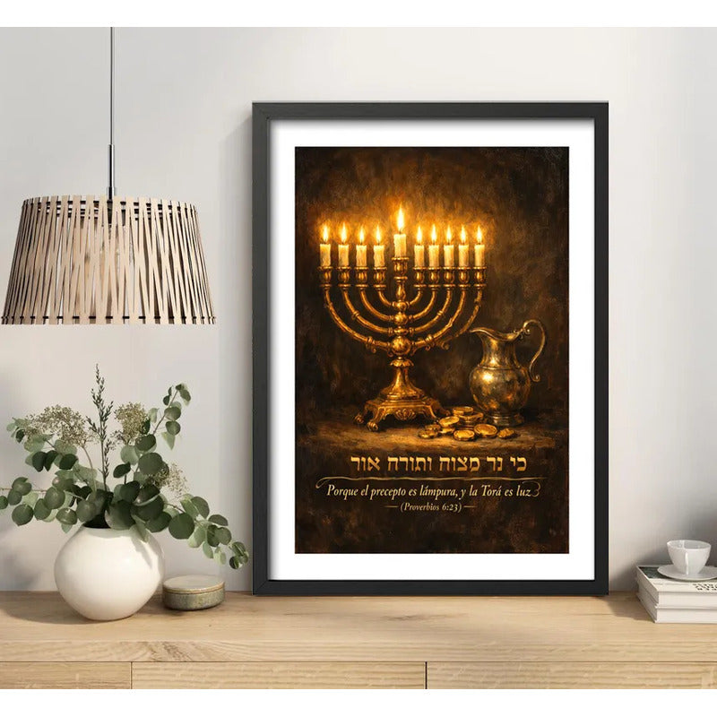 Cuadro Arte Judaico Hanukkah Proverbios 6:23 Preceptos Tora Marco Negro