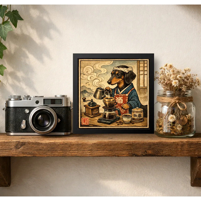 Cuadro Perro Salchicha Barista Café Cocina Japonés Coleccion Marco Negro