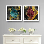 Set 2 Cuadros Living Dormitorio Flores Detalles Oro 33x33cm Marco Blanco