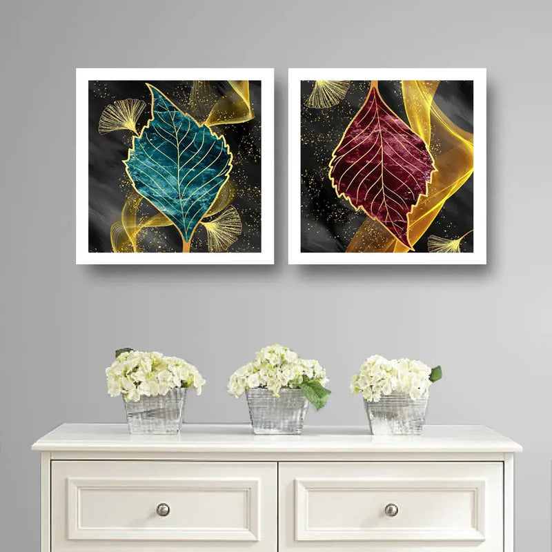 Set 2 Cuadros Living Dormitorio Flores Detalles Oro 33x33cm Marco Blanco