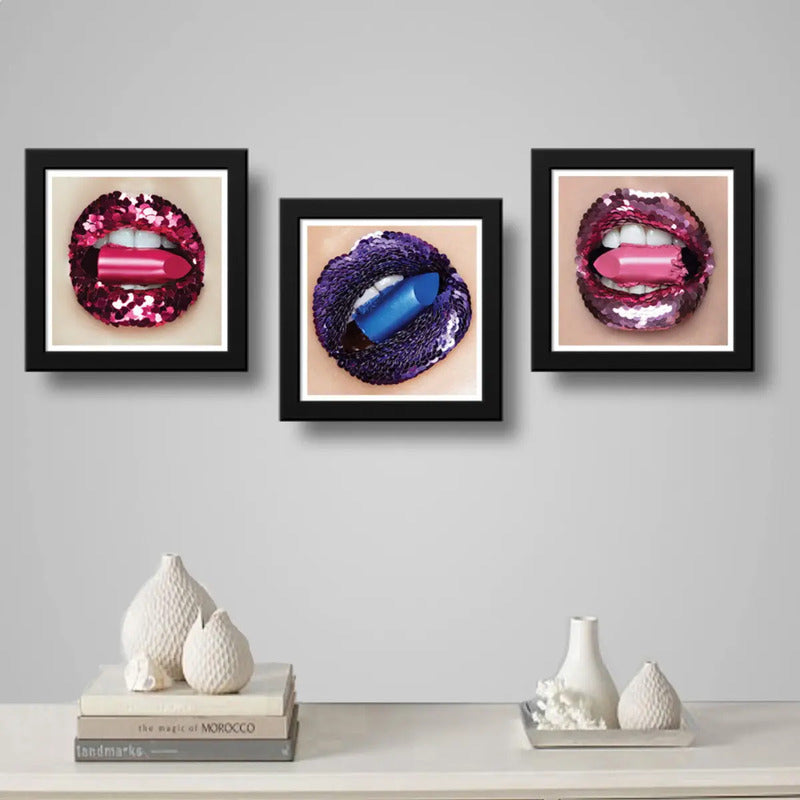 Set 3 Cuadros Fashion Boca Diamantes Joyas Salon Decoración