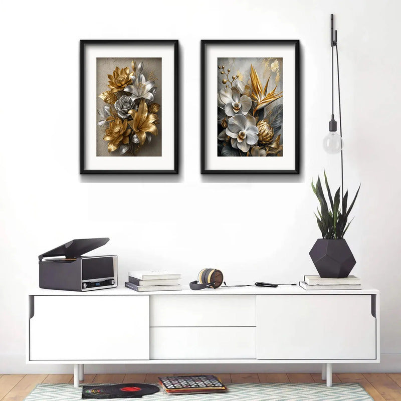 Set 2 Cuadros Flores Tonos Dorados Plateados B2 Con Paspartú 53x43cm Cada Cuadro Negro