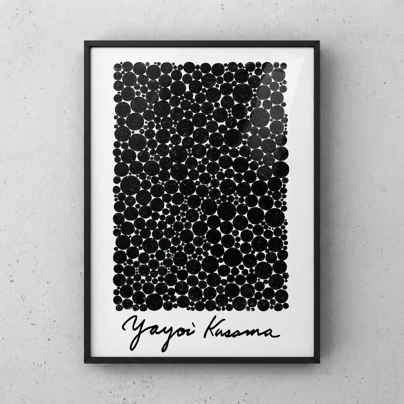 Cuadro Living Yayoi Kusama Puntos Infinitos Blanco Y Negro Marco Negro