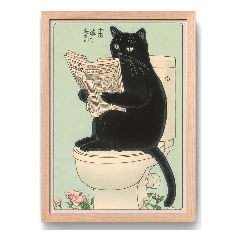 Cuadro Gato Negro Bano Arte Japonés Anime Flores Marco Oak Marco Marrón Claro